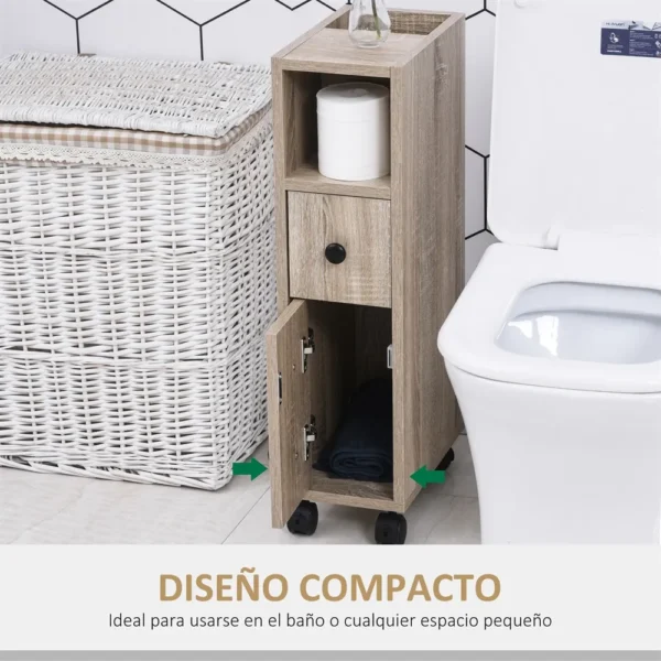 Meuble salle de bain à roulettes Kleankin, bois chêne, 2 étagères + tiroir – Image 6
