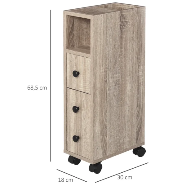 Meuble salle de bain à roulettes Kleankin, bois chêne, 2 étagères + tiroir – Image 3