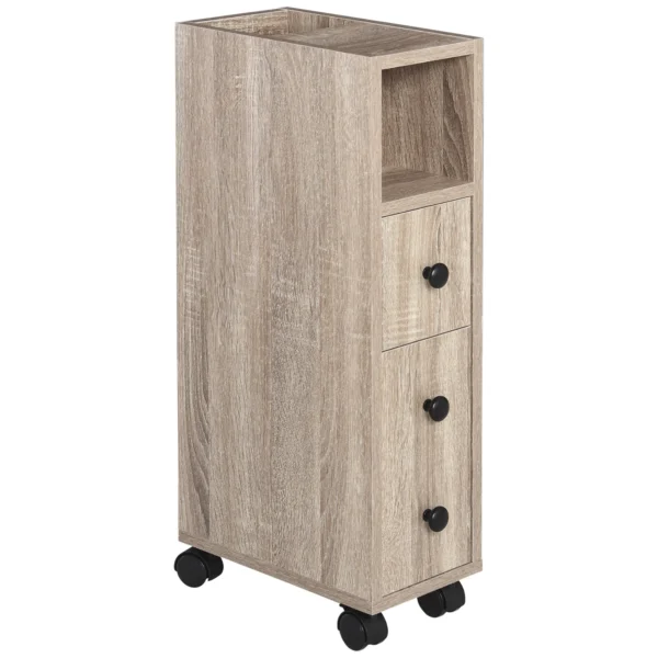 Meuble salle de bain à roulettes Kleankin, bois chêne, 2 étagères + tiroir – Image 2