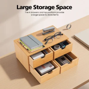 Organiseur de bureau en bambou 4 tiroirs – Rangement élégant et pratique