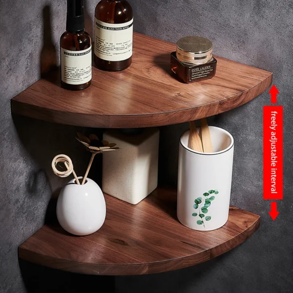 Étagère d'angle murale en bois de noyer pour salle de bain – Rangement chic – Image 2