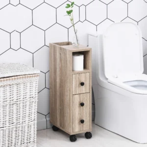 Meuble salle de bain à roulettes Kleankin, bois chêne, 2 étagères + tiroir