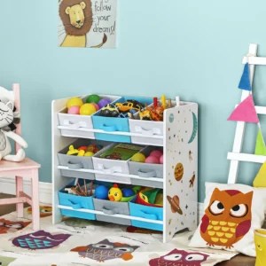 Étagère Enfant Motif Espace avec 9 Bacs Amovibles – Jouets & Livres