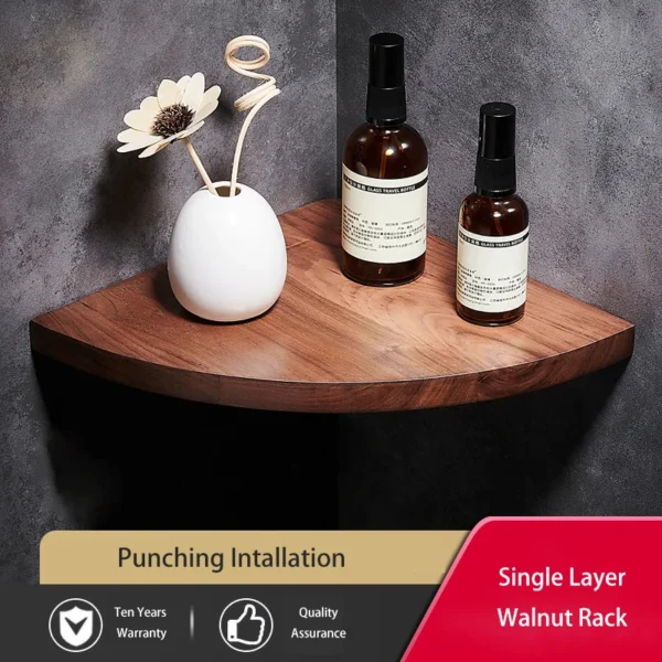 Étagère d'angle murale en bois de noyer pour salle de bain – Rangement chic – Image 3
