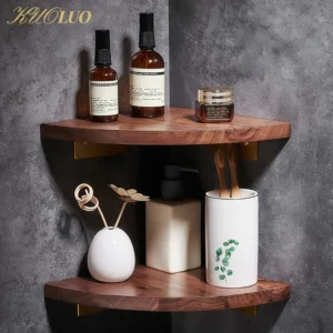 Étagère d'angle murale en bois de noyer pour salle de bain – Rangement chic
